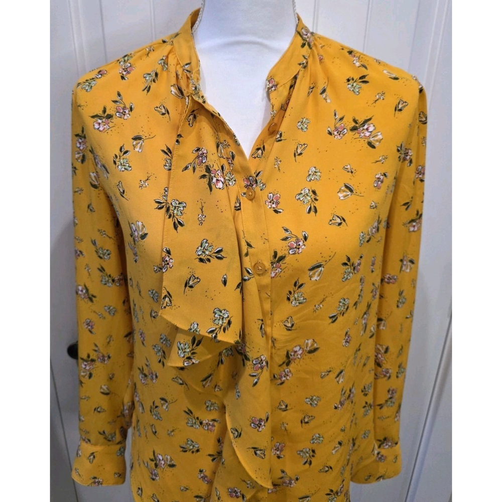 Lauren Ralph Lauren Yellow Floral Ruffle Blouse Button Front Long Sleeve Size S - Picture 7 of 12